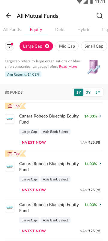 Redesigned fund listing screen